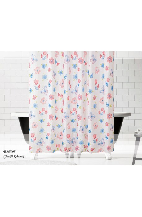 Koupelnový závěs 180x200 cm 100% Polyester - vzor 8168 - barevné květy a motýli na světlém podkladu